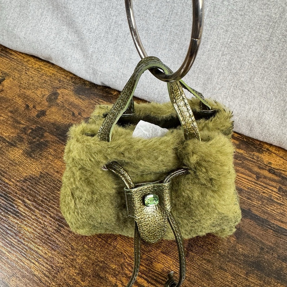 Unique Vintage Sobea leather & Sherpa drawstring mini bag with bracelet strap - Picture 5 of 16